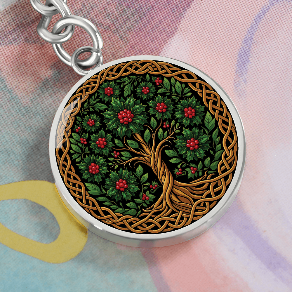 Celtic Tree of Life Pendant Keychain - Holly December Birth Flower Jewelry