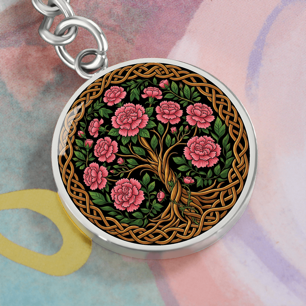 Celtic Tree of Life Pendant Keychain - Carnation January Birth Flower Jewelry