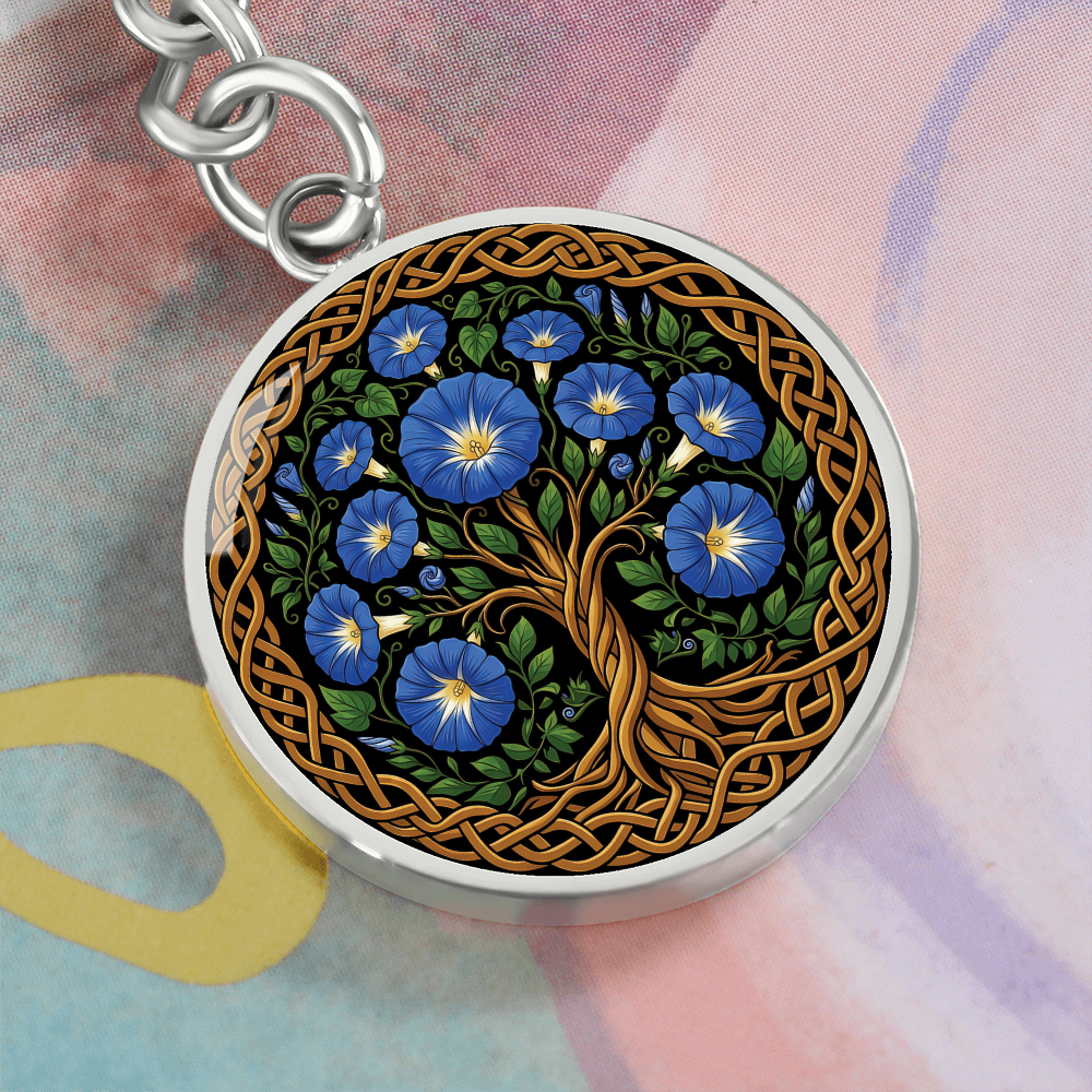 Celtic Tree of Life Pendant Keychain - Morning Glory September Birth Flower Jewelry
