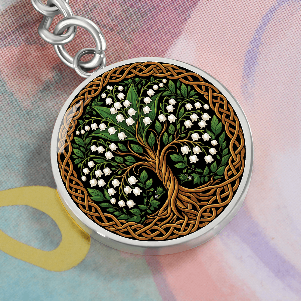 Celtic Tree of Life Pendant Keychain - Lily of the Valley May Birth Flower Jewelry
