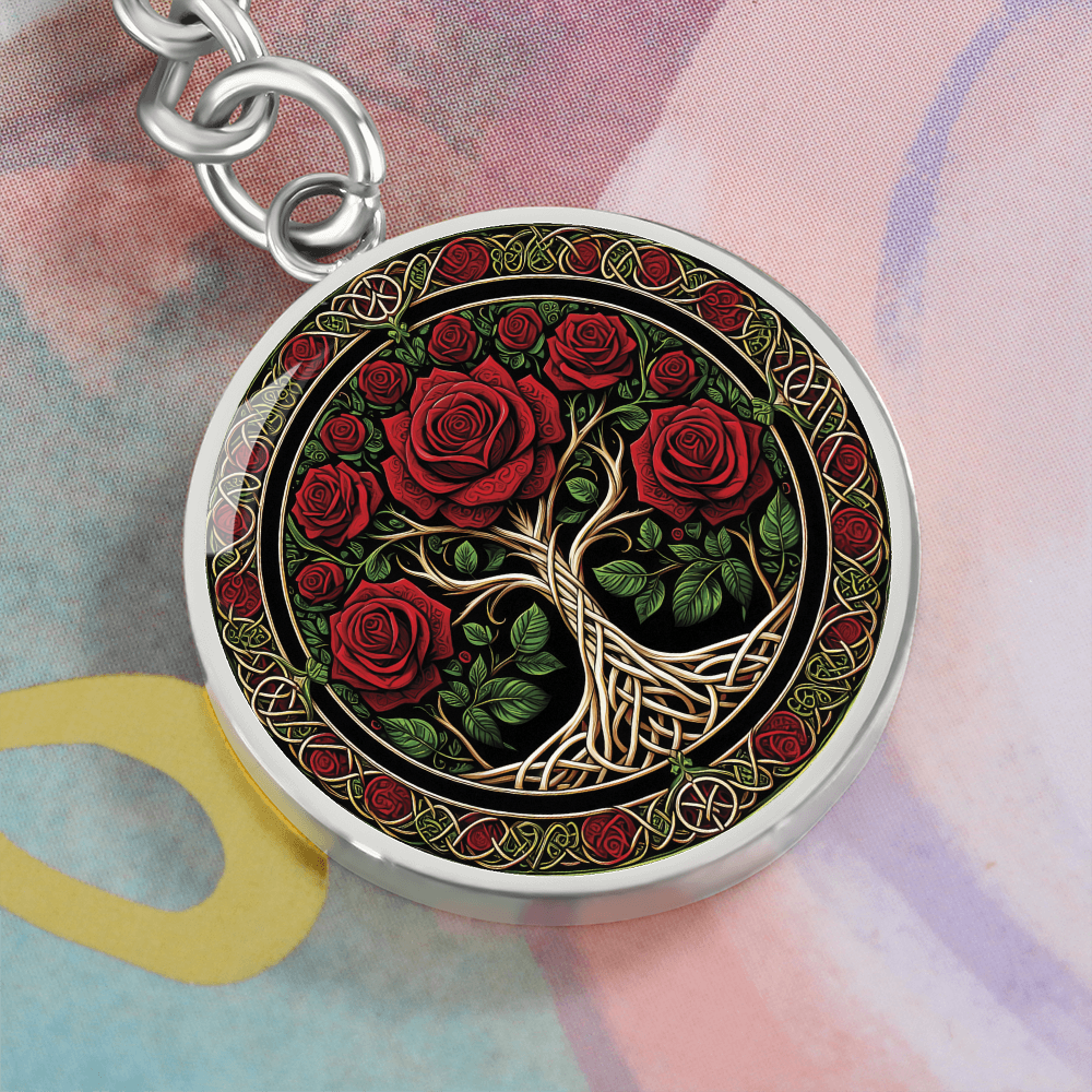 Celtic Tree of Life Pendant Keychain - Rose June Birth Flower Jewelry