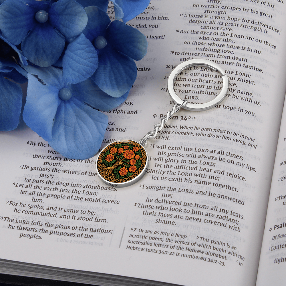Celtic Tree of Life Pendant Keychain - Marigold October Birth Flower Jewelry