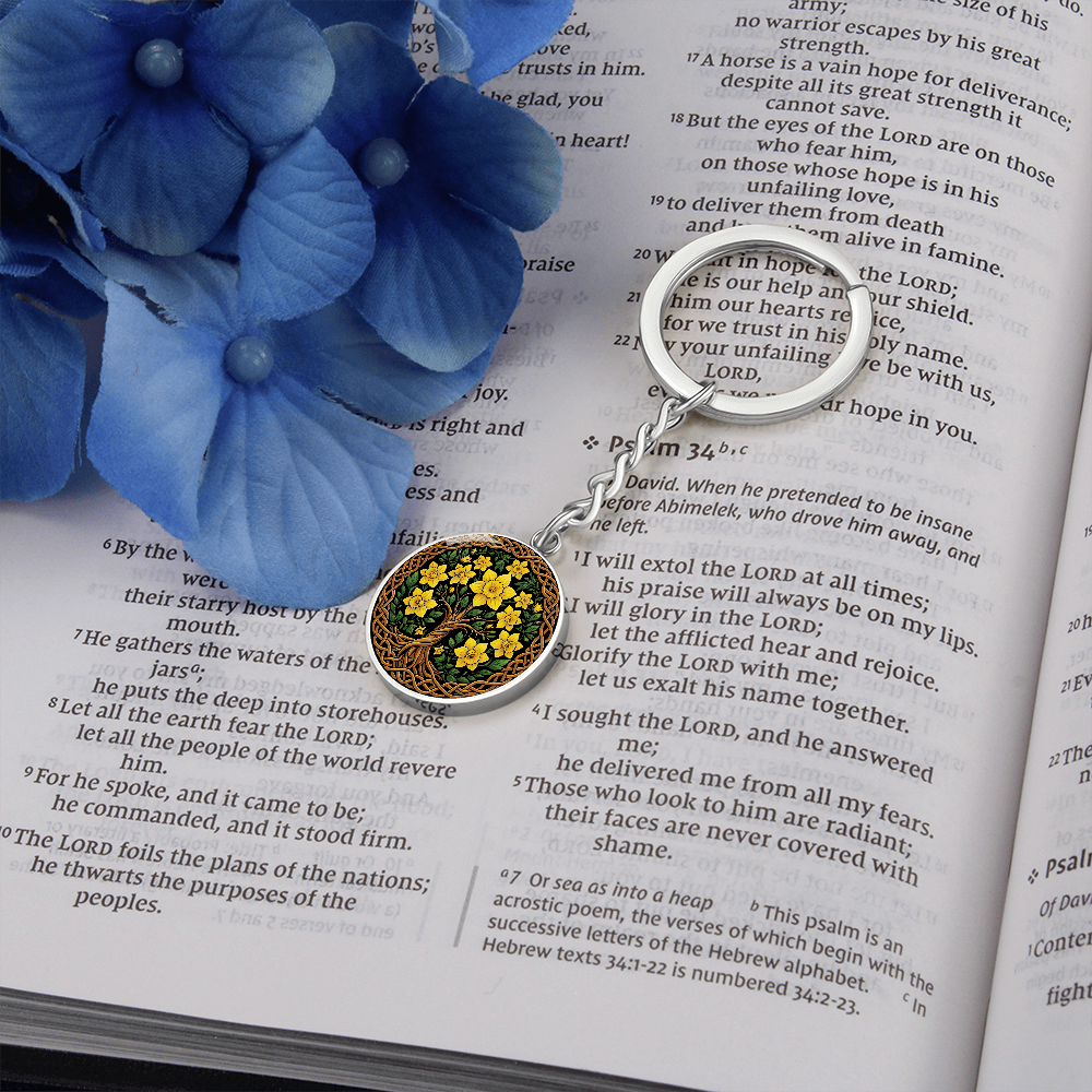 Celtic Tree of Life Pendant Keychain - Daffodil March Birth Flower Jewelry