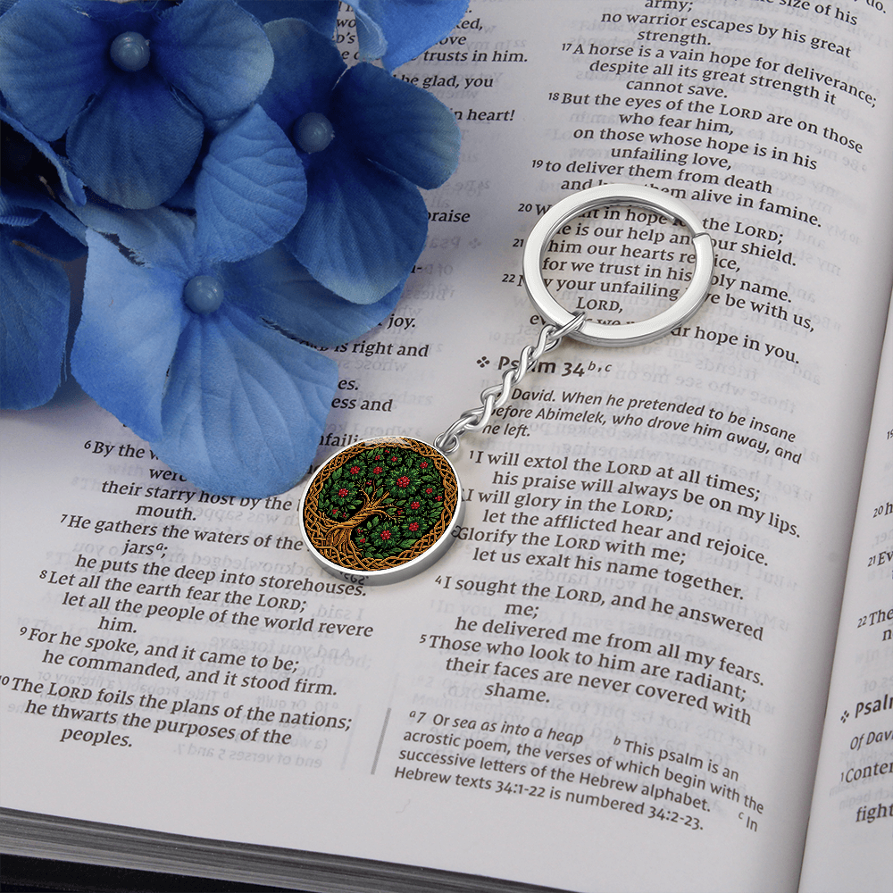Celtic Tree of Life Pendant Keychain - Holly December Birth Flower Jewelry