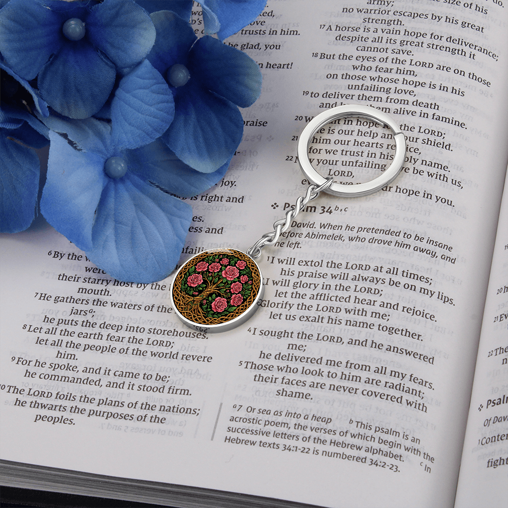 Celtic Tree of Life Pendant Keychain - Rose June Birth Flower Jewelry