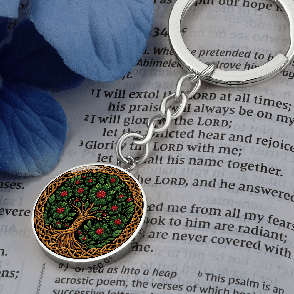 Celtic Tree of Life Pendant Keychain - Holly December Birth Flower Jewelry