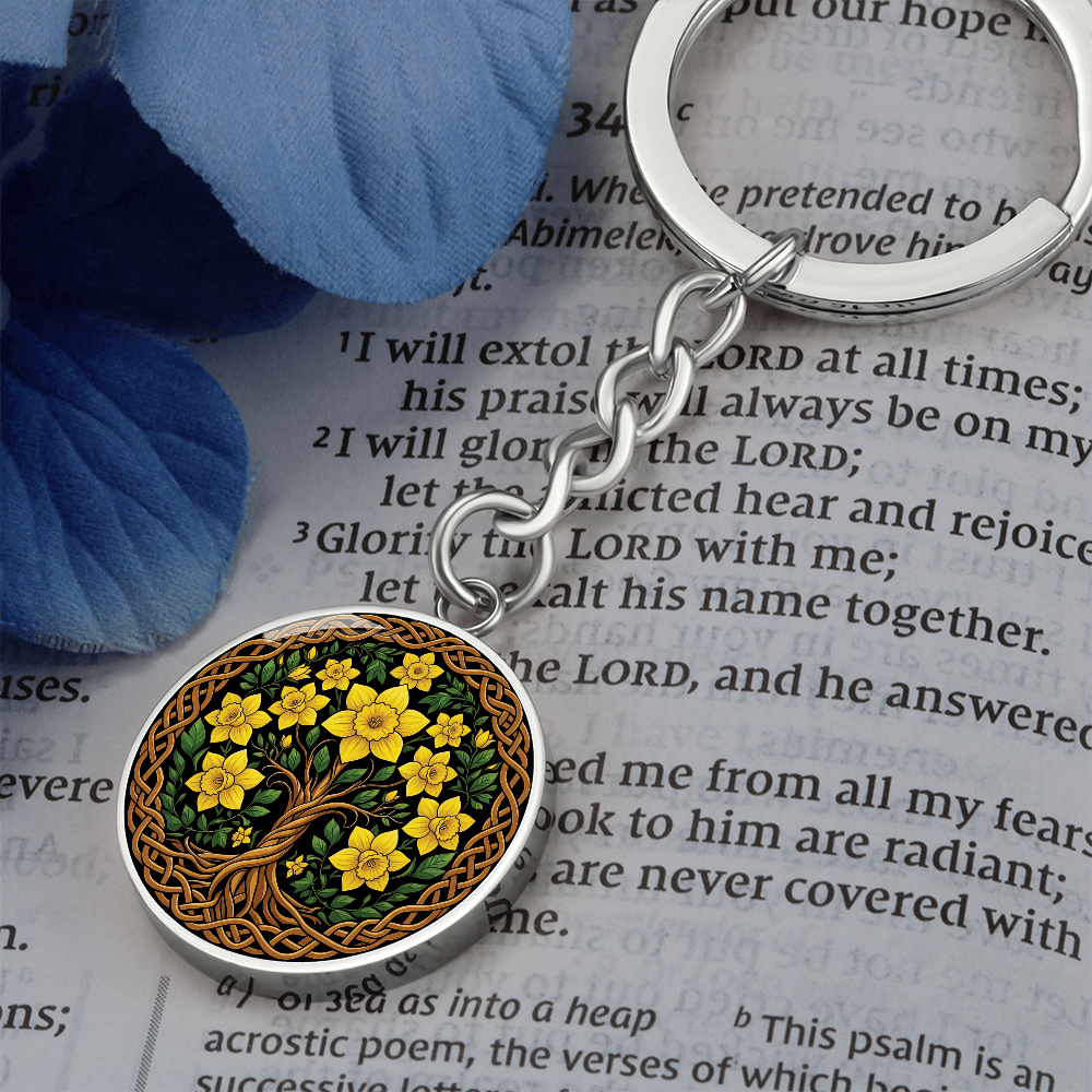 Celtic Tree of Life Pendant Keychain - Daffodil March Birth Flower Jewelry
