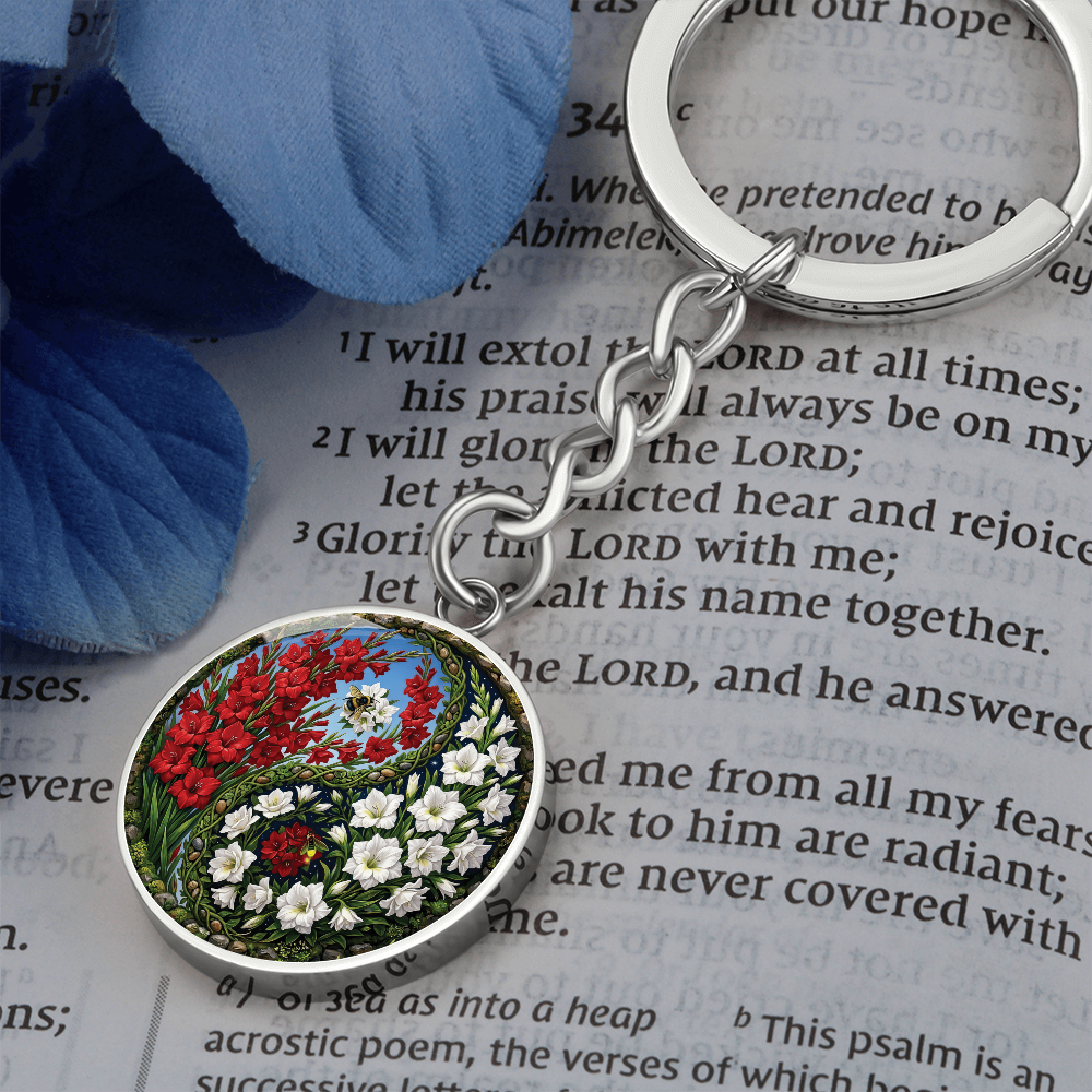 Gladiolus Yin Yang Keychain - August Birth Month Flower Pendant Jewelry