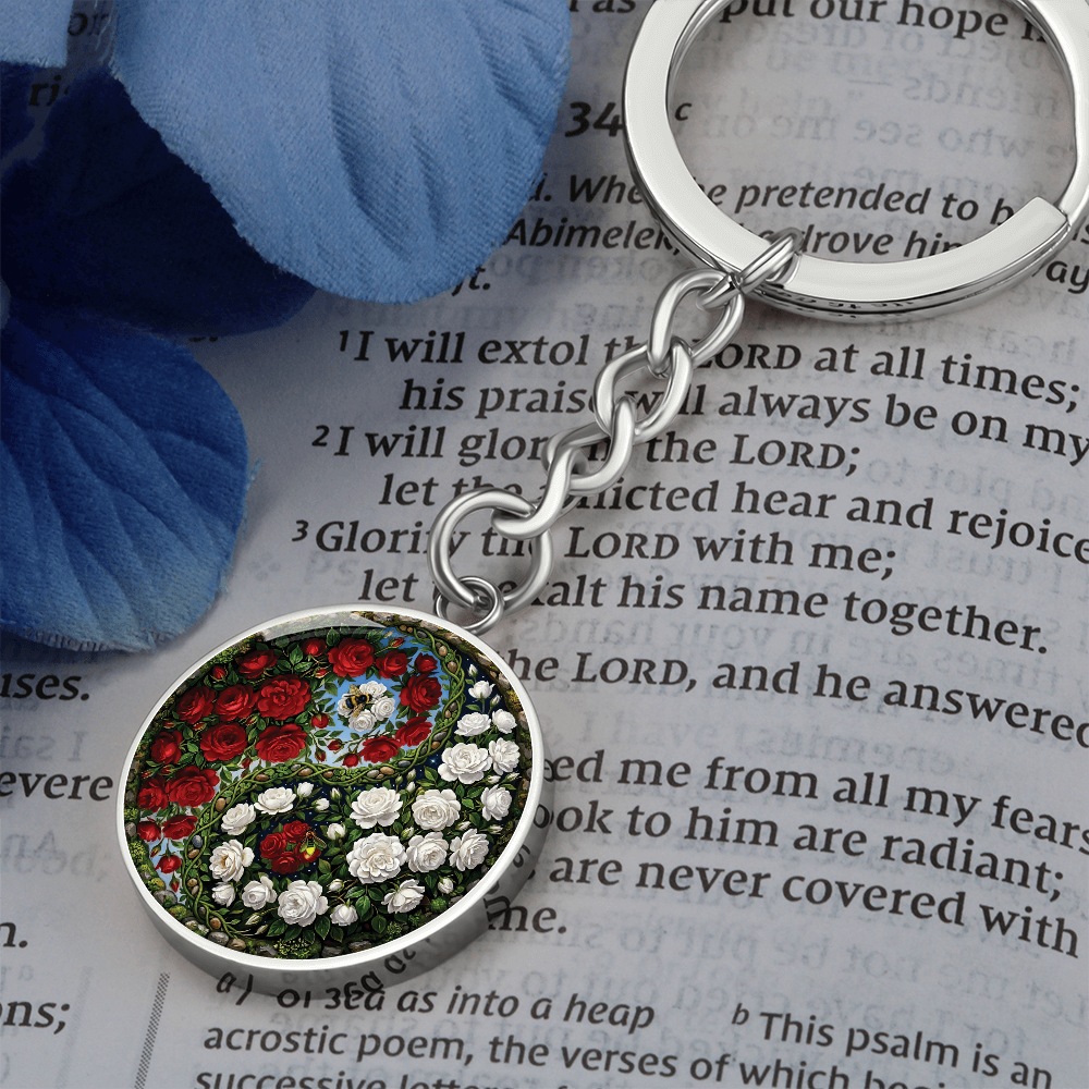 Rose Yin Yang Keychain - June Birth Month Flower Pendant Jewelry
