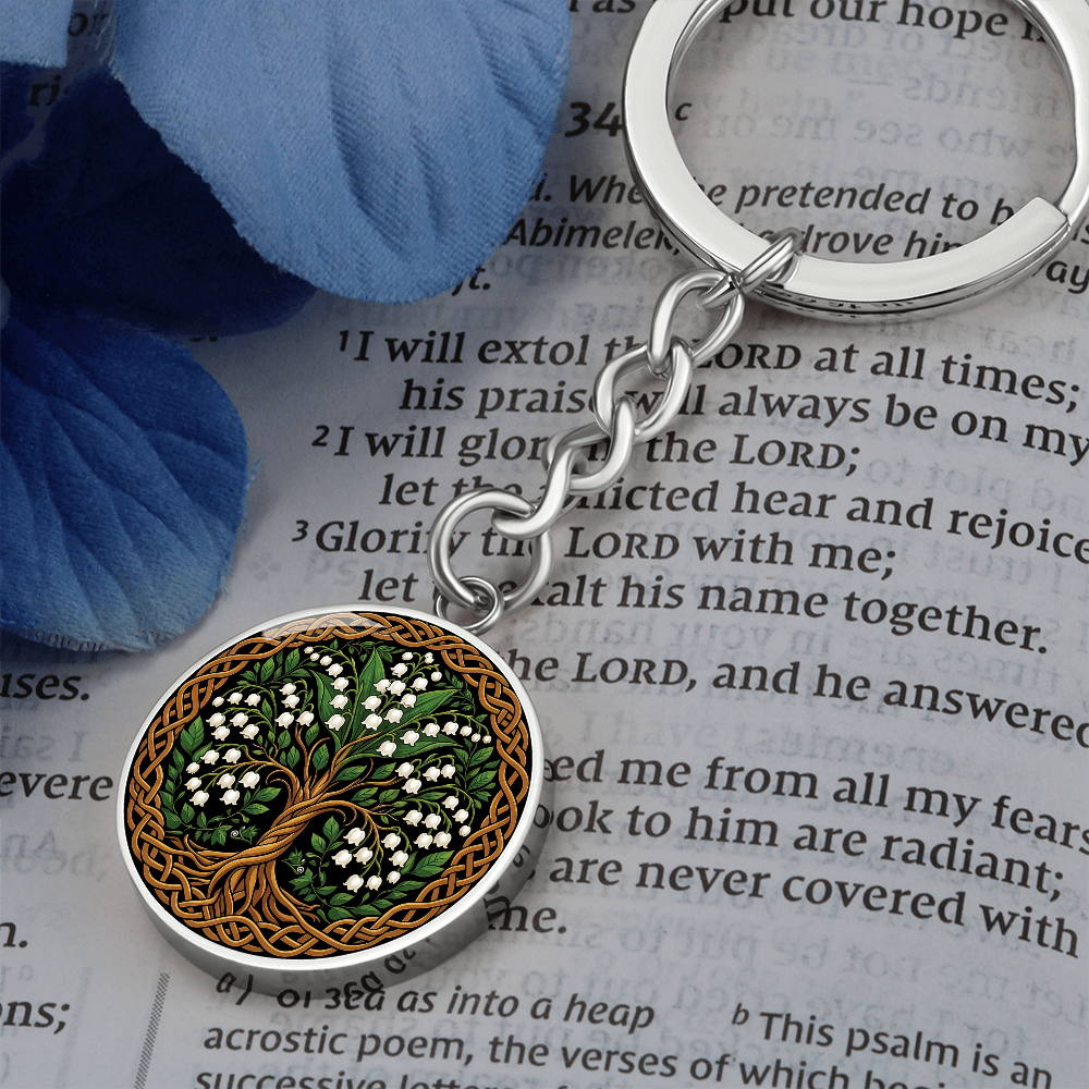 Celtic Tree of Life Pendant Keychain - Lily of the Valley May Birth Flower Jewelry