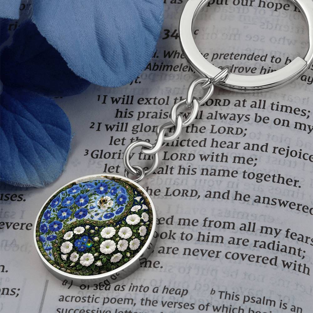 Morning Glory Yin Yang Keychain - September Birth Month Flower Pendant Jewelry