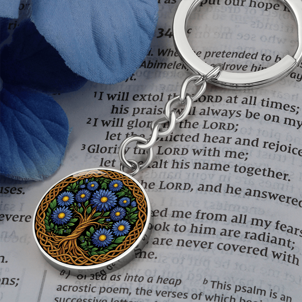 Celtic Tree of Life Pendant Keychain - Aster September Birth Flower Jewelry