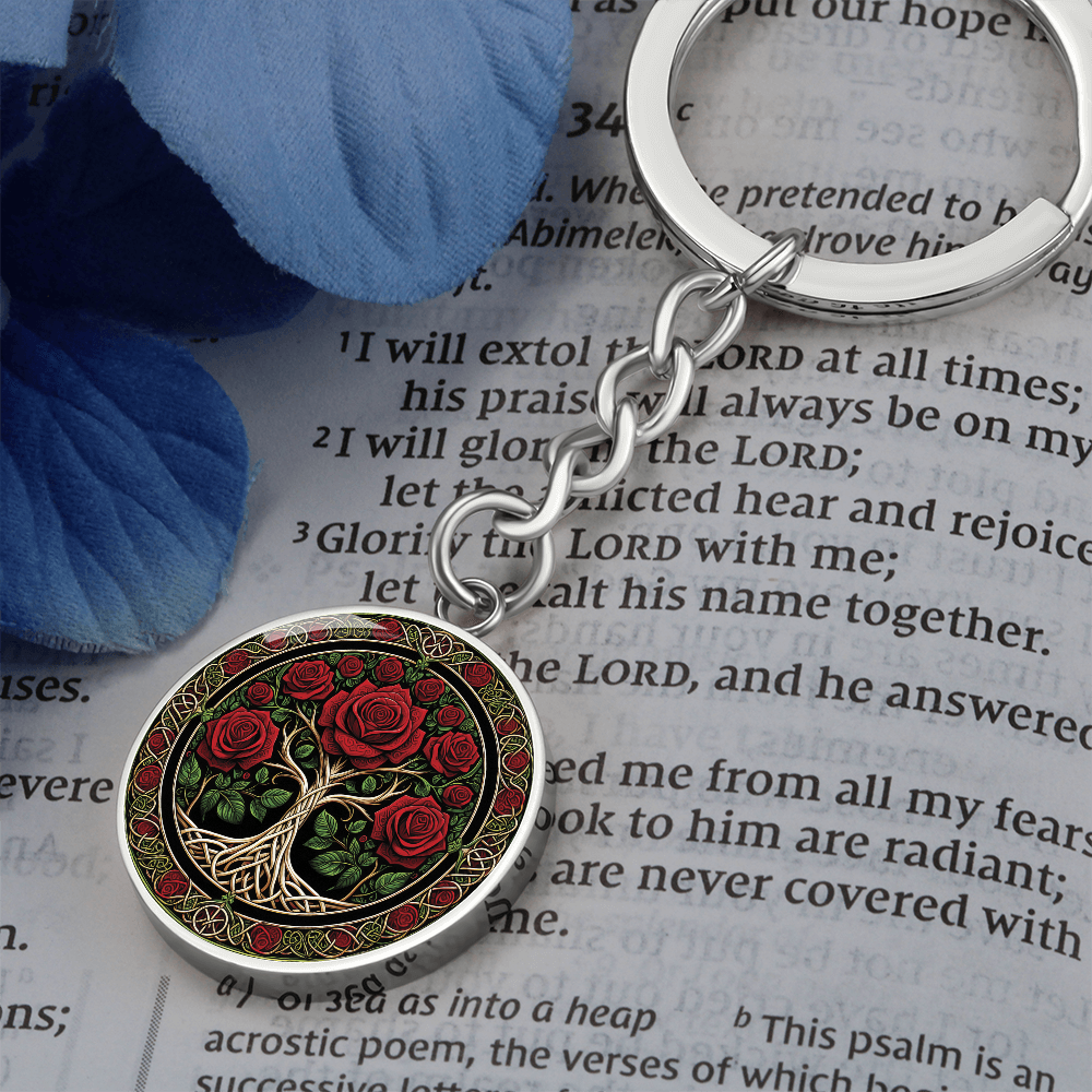 Celtic Tree of Life Pendant Keychain - Rose June Birth Flower Jewelry