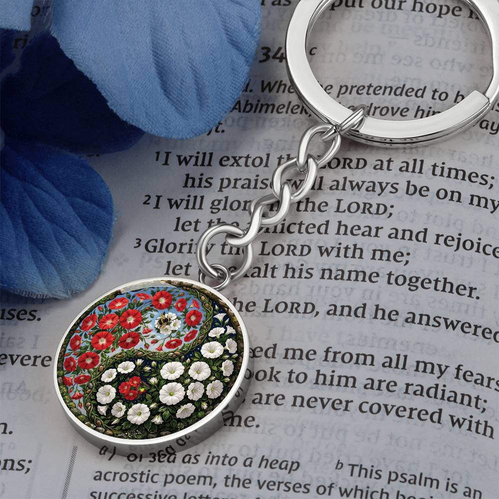 Red and White Morning Glory Yin Yang Keychain - September Birth Month Flower Pendant Jewelry
