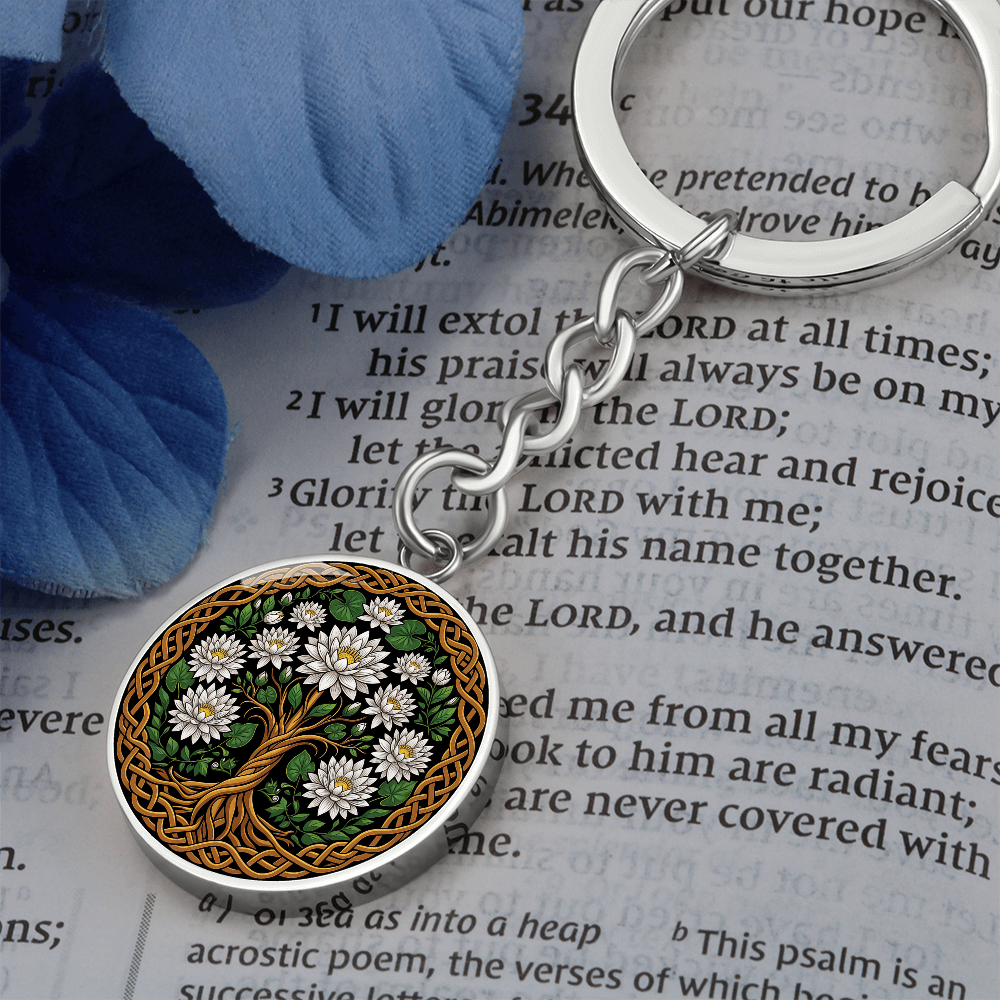 Celtic Tree of Life Pendant Keychain - Water Lily July Birth Flower Jewelry
