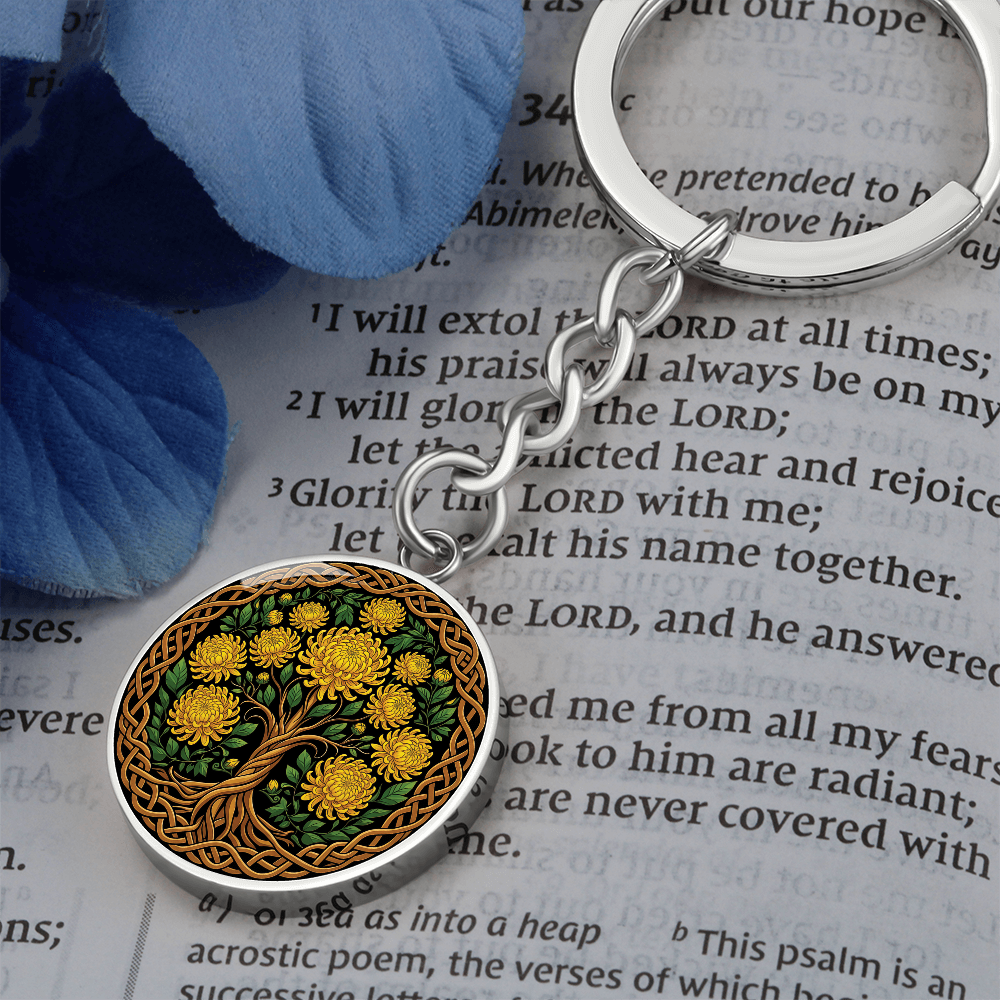 Celtic Tree of Life Pendant Keychain - Chrysanthemum November Birth Flower Jewelry