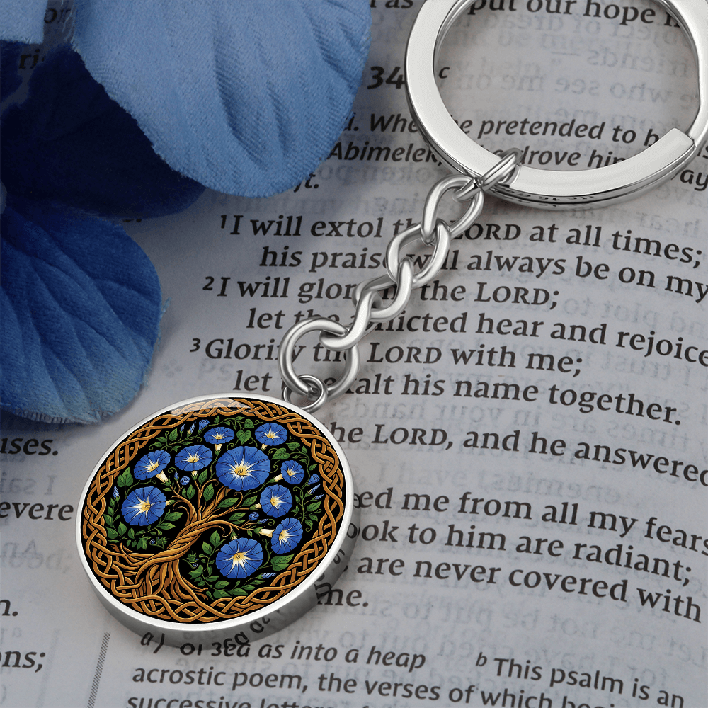 Celtic Tree of Life Pendant Keychain - Morning Glory September Birth Flower Jewelry