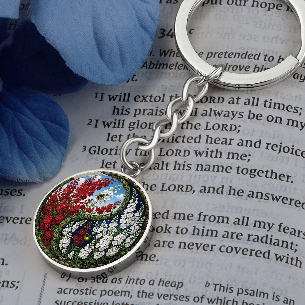 Larkspur Yin Yang Keychain - July Birth Month Flower Pendant Jewelry