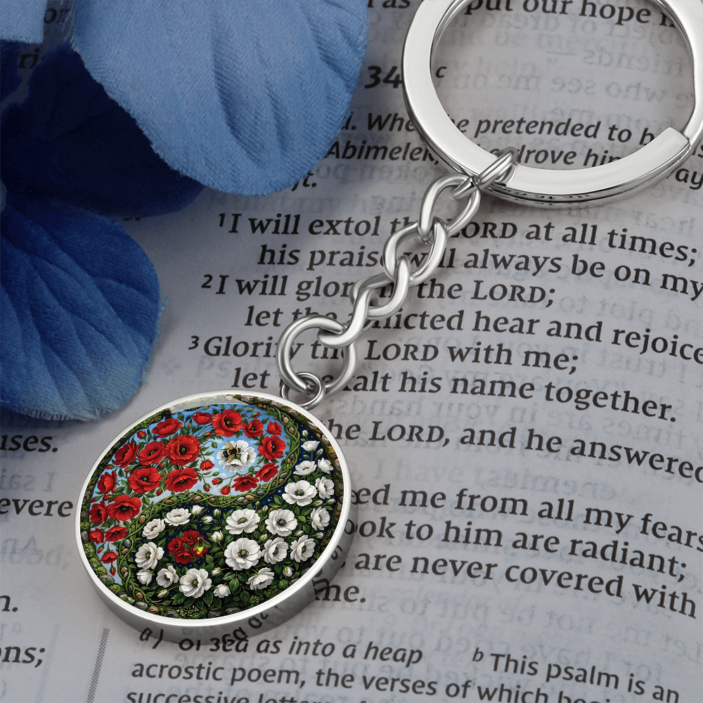 Poppy Yin Yang Keychain - August Birth Month Flower Pendant Jewelry