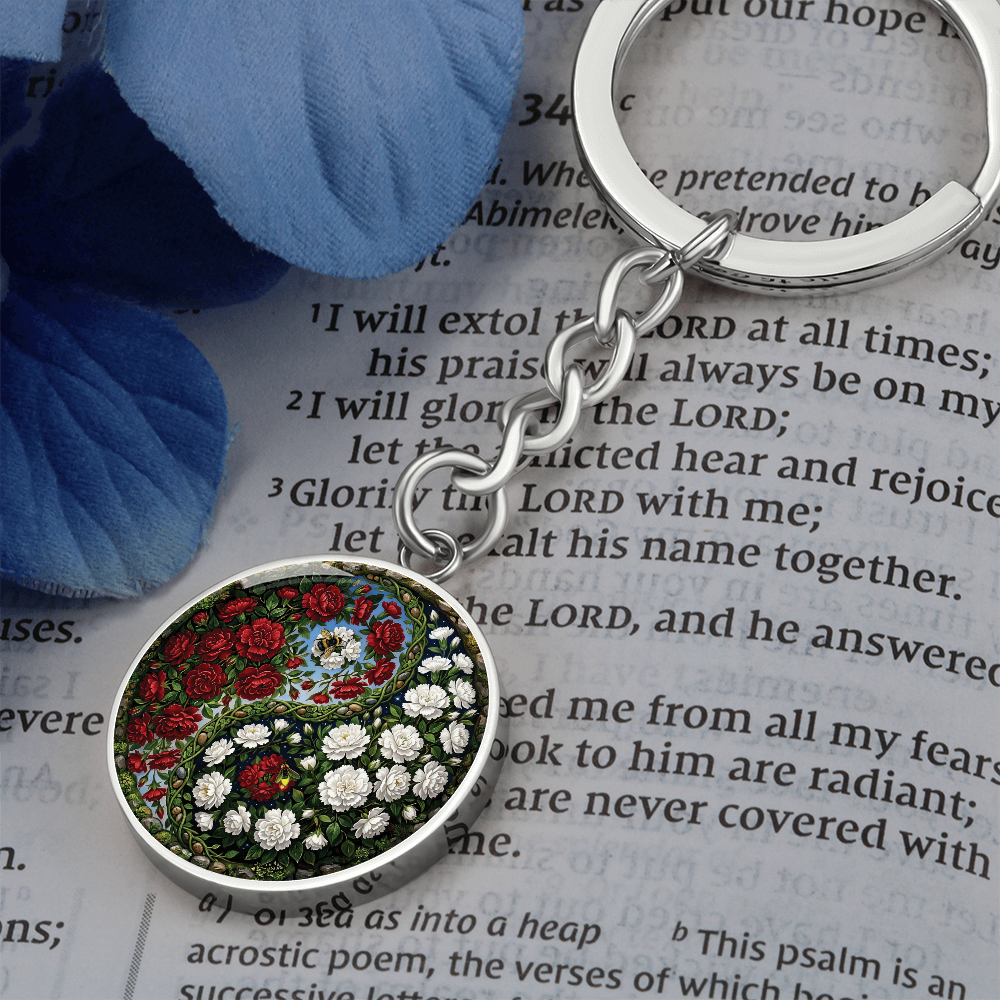 Carnation Yin Yang Keychain - January Birth Month Flower Pendant Jewelry