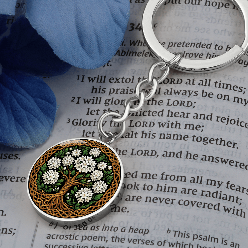 Celtic Tree of Life Pendant Keychain - Narcissus December Birth Flower Jewelry
