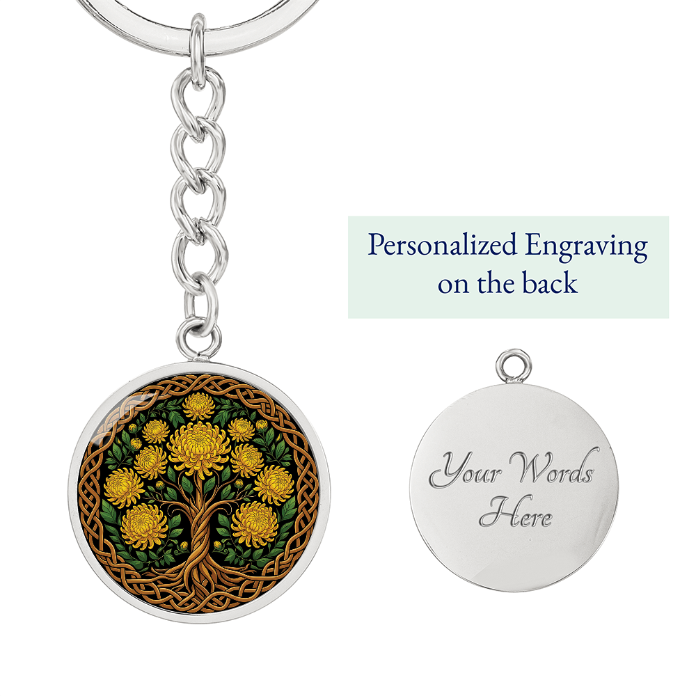 Celtic Tree of Life Pendant Keychain - Chrysanthemum November Birth Flower Jewelry