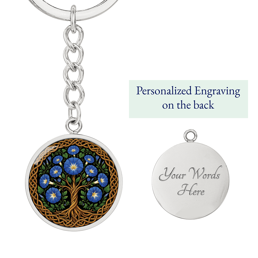 Celtic Tree of Life Pendant Keychain - Morning Glory September Birth Flower Jewelry
