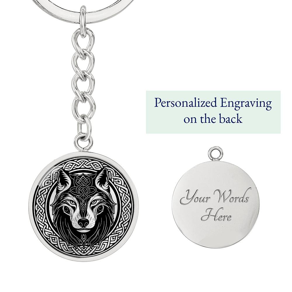 An Elegant silver pendant Celtic Wolf Keychain with a silver and Black background. This jewelry offers personalization with an engraving option for a name.