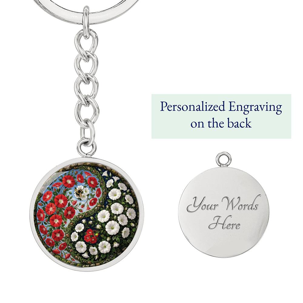 Red and White Morning Glory Yin Yang Keychain - September Birth Month Flower Pendant Jewelry