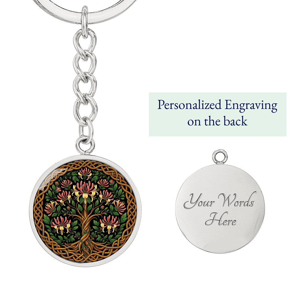 Celtic Tree of Life Pendant Keychain - Honeysuckle June Birth Flower Jewelry