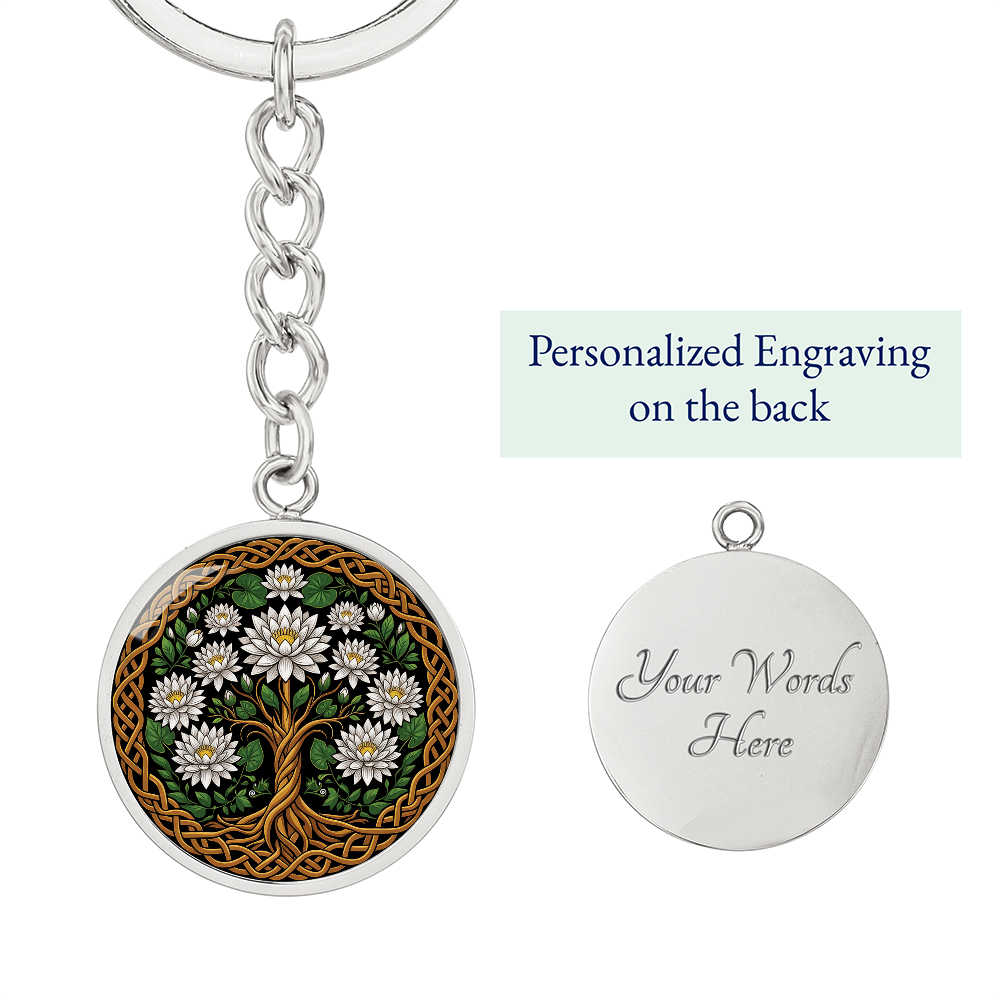 Celtic Tree of Life Pendant Keychain - Water Lily July Birth Flower Jewelry