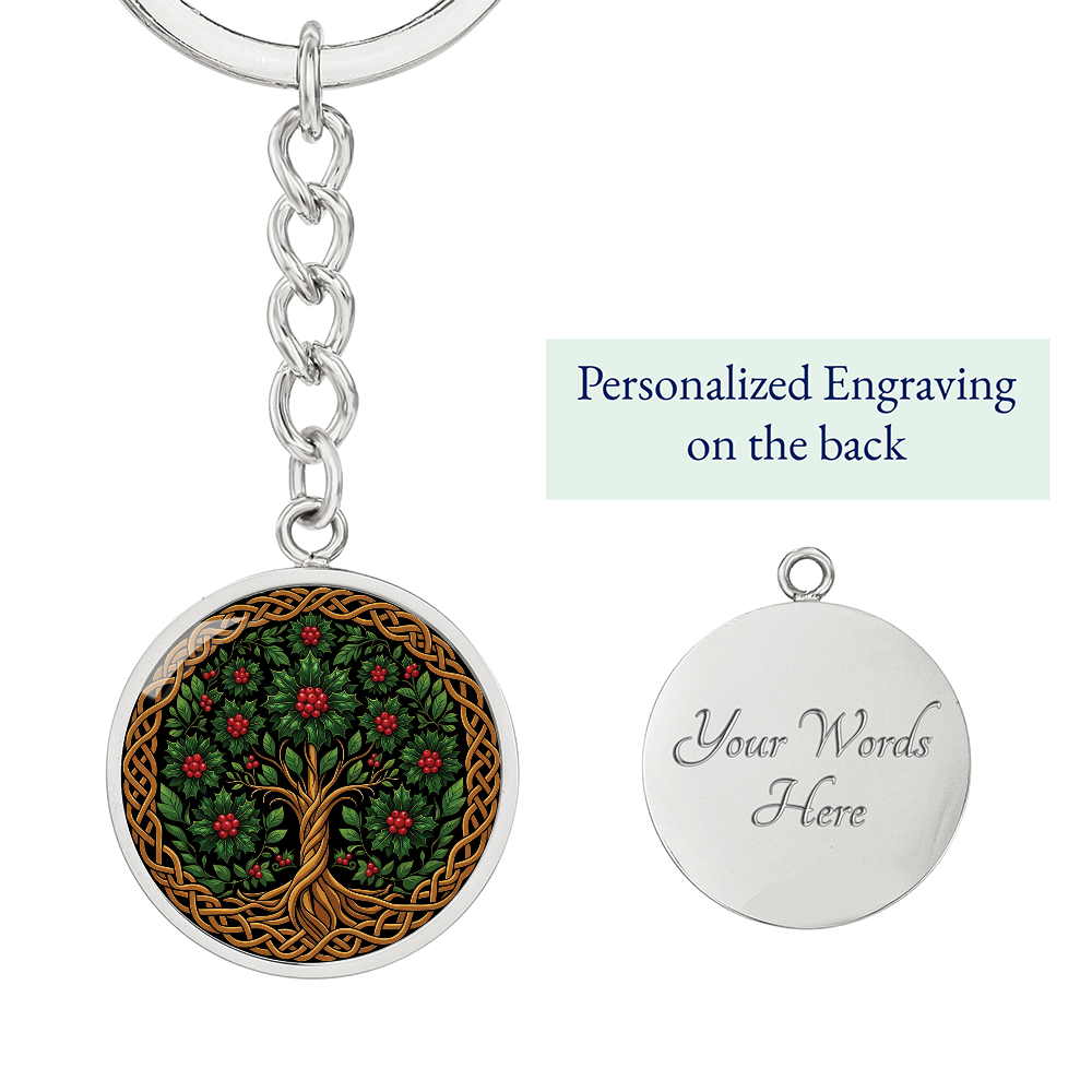 Celtic Tree of Life Pendant Keychain - Holly December Birth Flower Jewelry