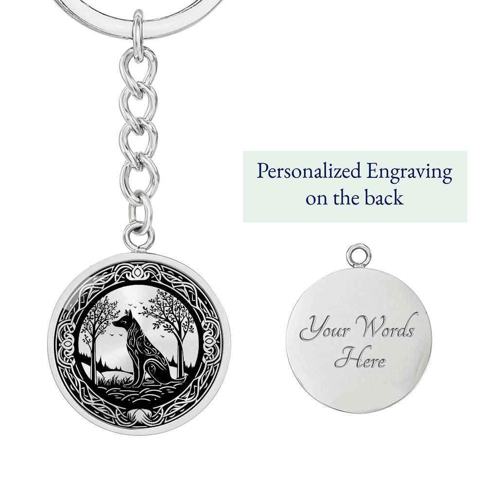 An Elegant silver pendant Celtic Wolf Keychain with a silver and Black background. This jewelry offers personalization with an engraving option for a name.