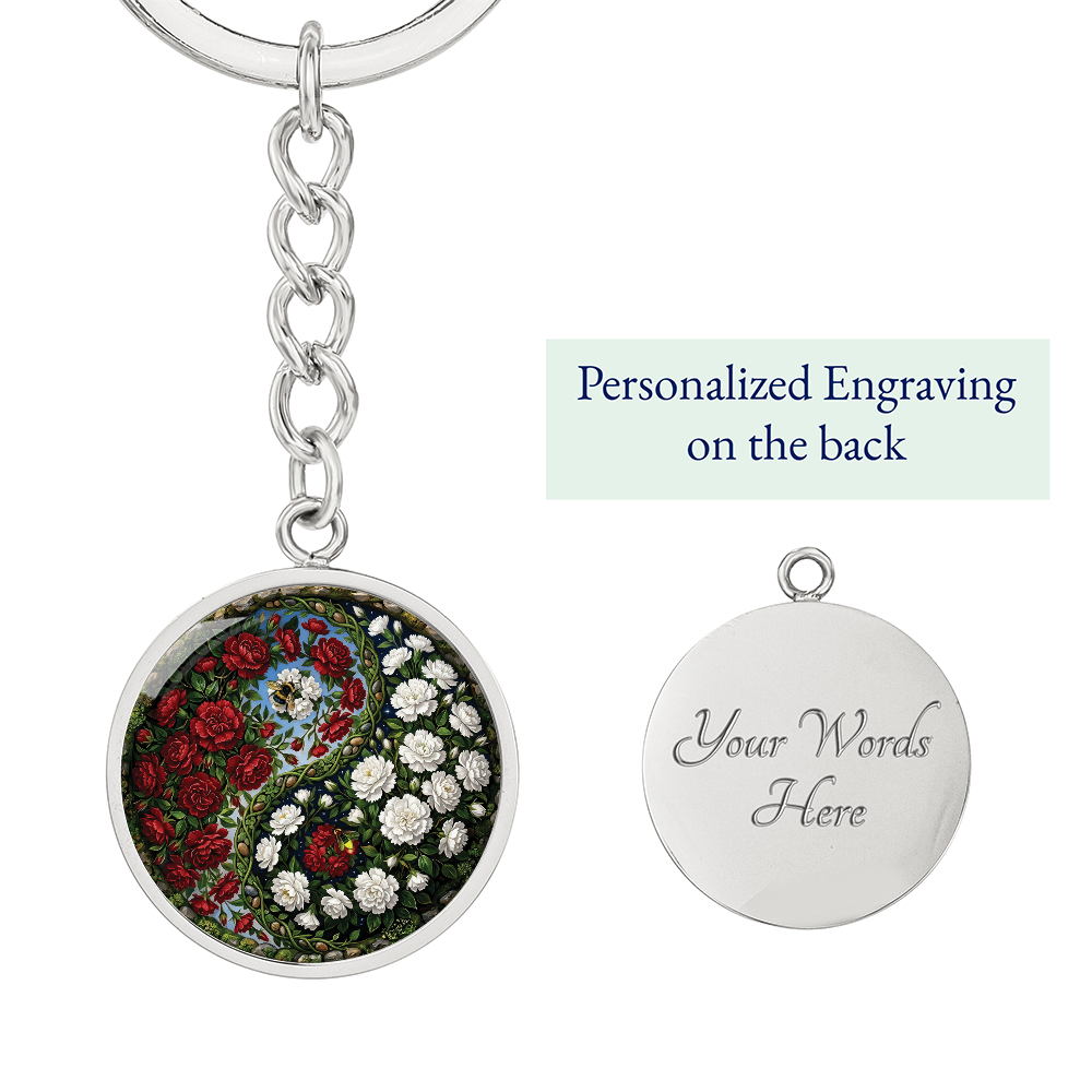 Carnation Yin Yang Keychain - January Birth Month Flower Pendant Jewelry