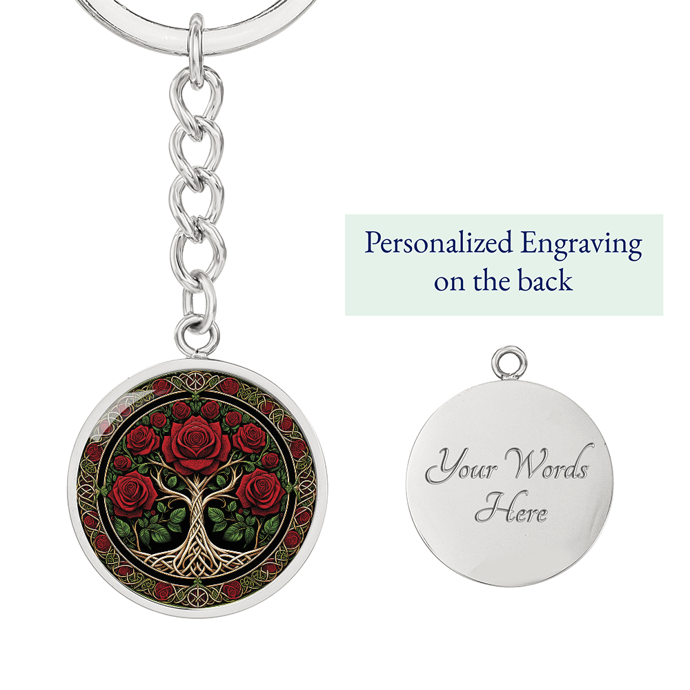 Celtic Tree of Life Pendant Keychain - Rose June Birth Flower Jewelry