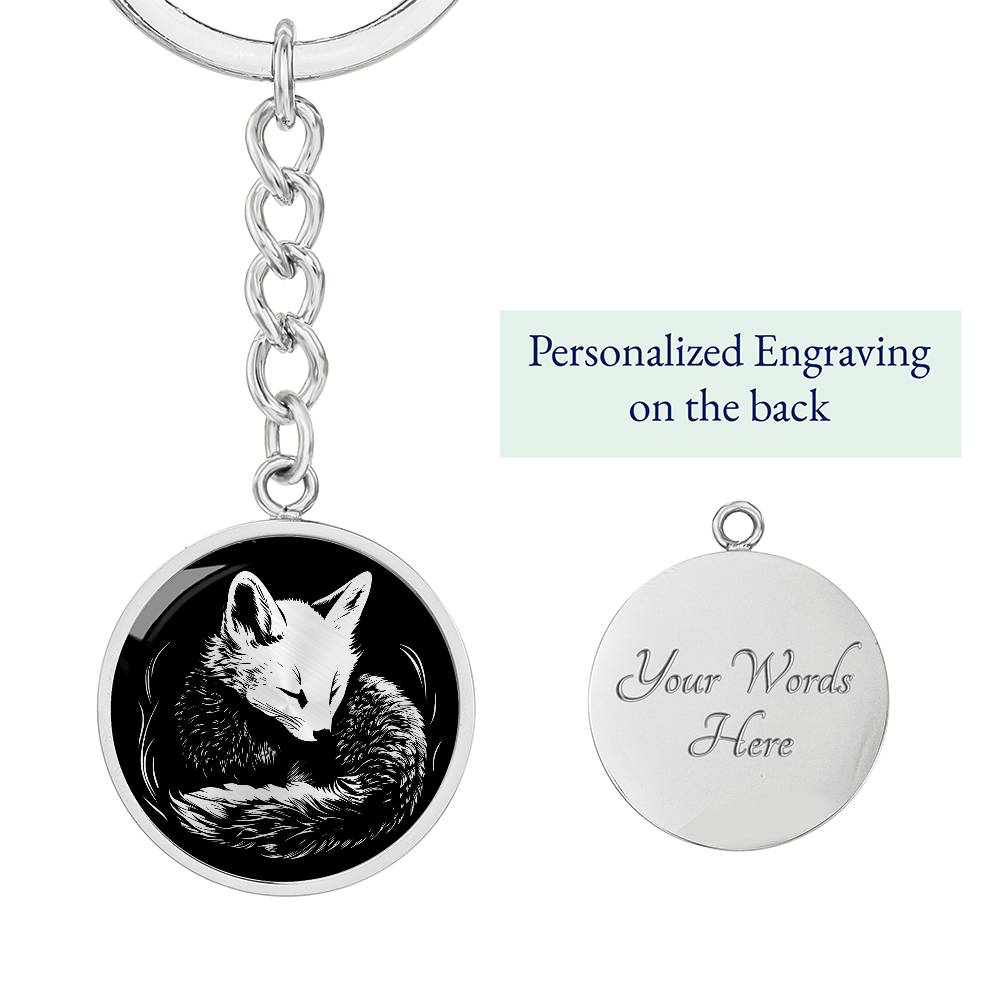 Elegant Silver pendant featuring a Personalized Fox Keychain, With a silver Fox Set against a black background. This jewelry offers Customization with an engraving option for a name.