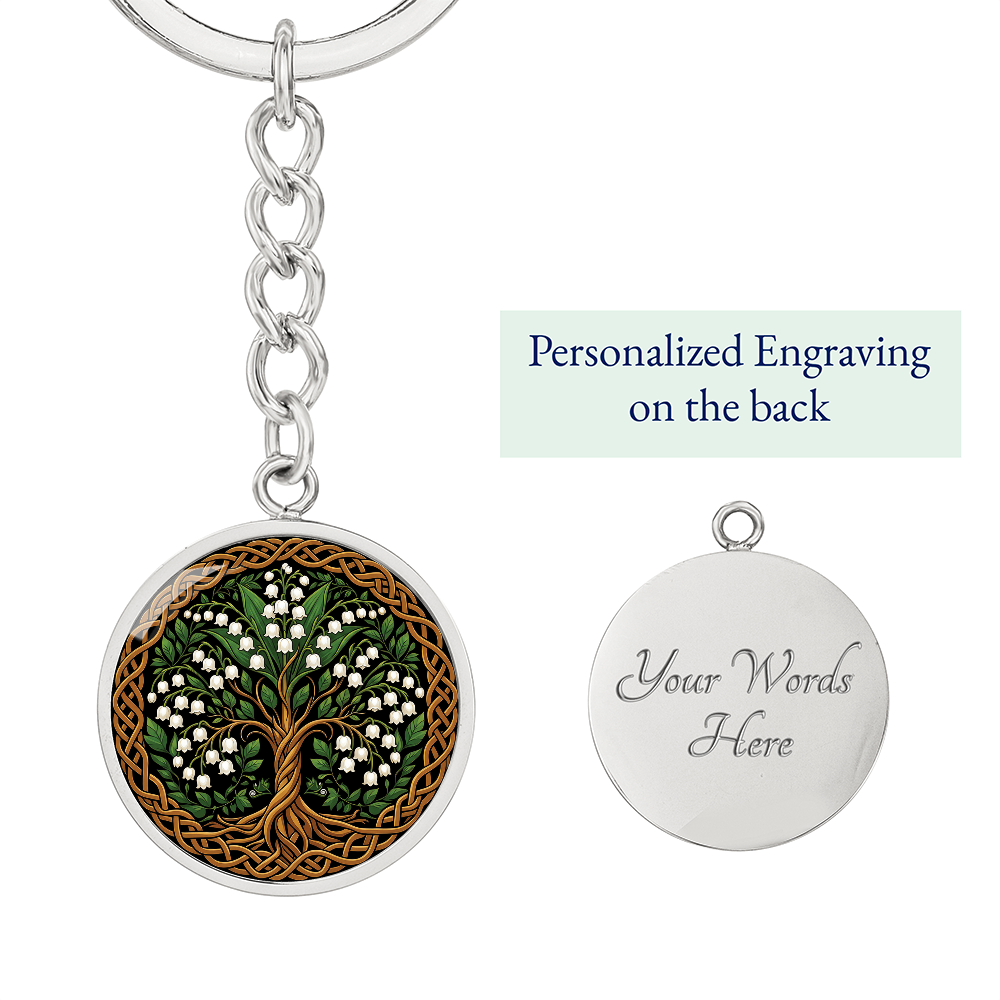 Celtic Tree of Life Pendant Keychain - Lily of the Valley May Birth Flower Jewelry