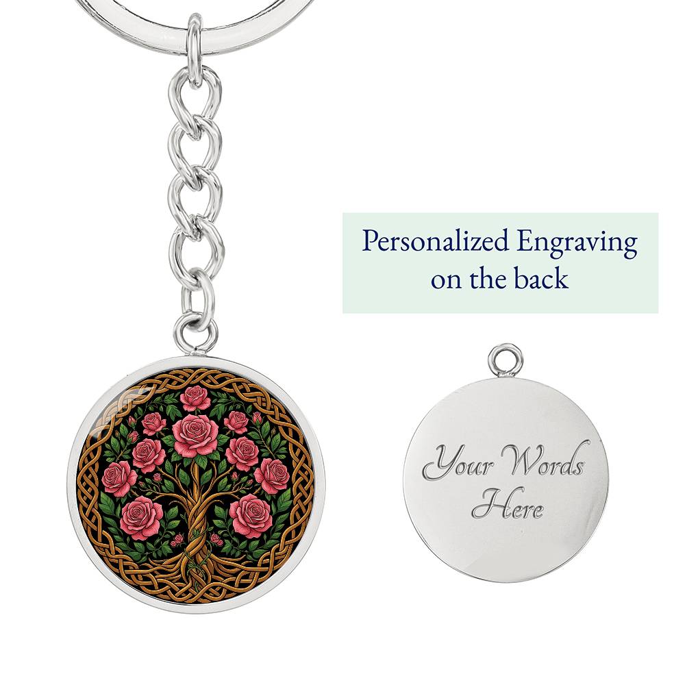Celtic Tree of Life Pendant Keychain - Rose June Birth Flower Jewelry