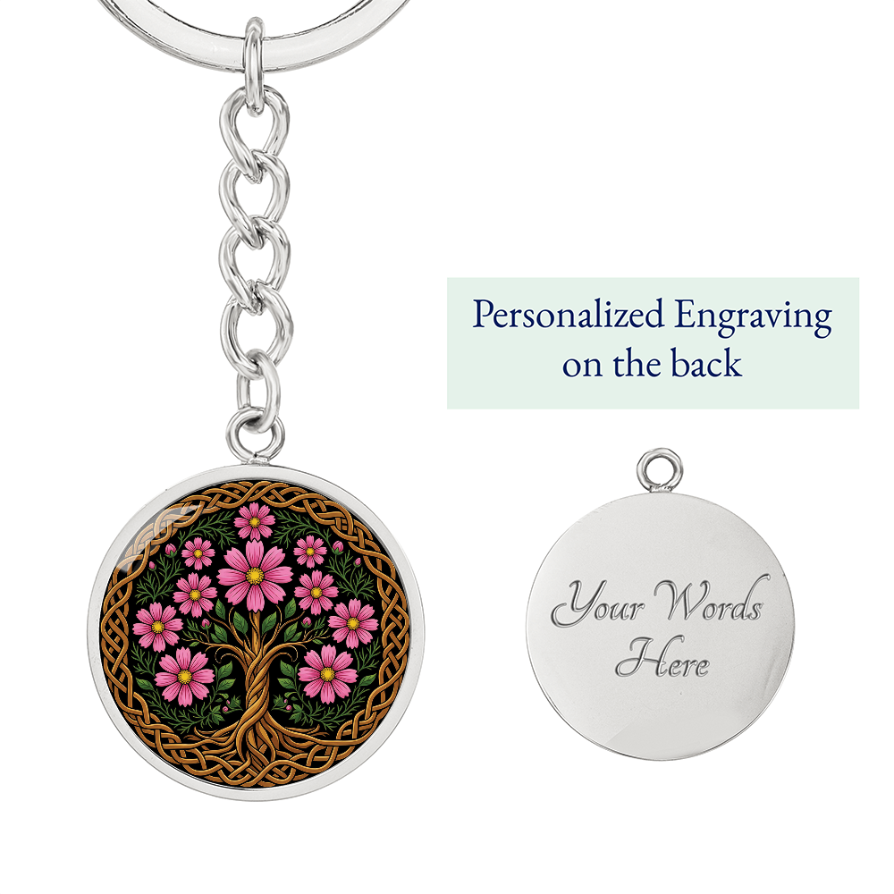 Celtic Tree of Life Pendant Keychain - Cosmos October Birth Flower Jewelry