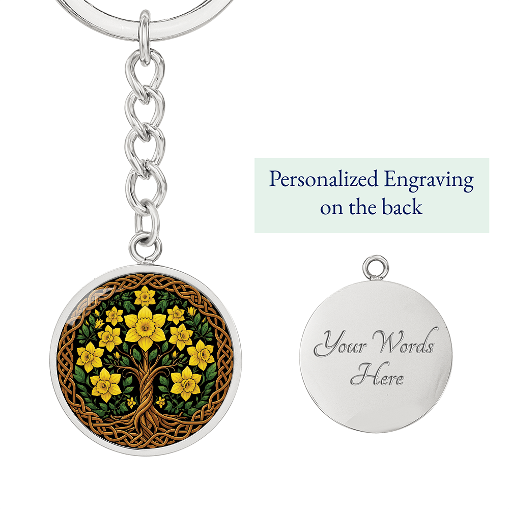 Celtic Tree of Life Pendant Keychain - Daffodil March Birth Flower Jewelry