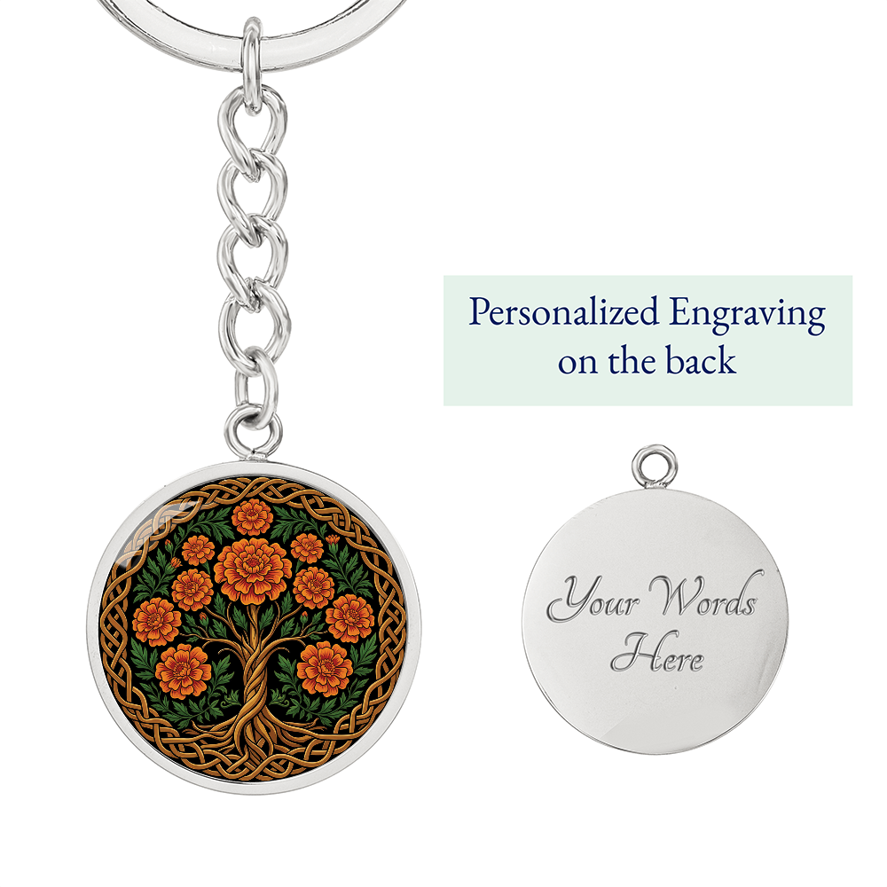 Celtic Tree of Life Pendant Keychain - Marigold October Birth Flower Jewelry