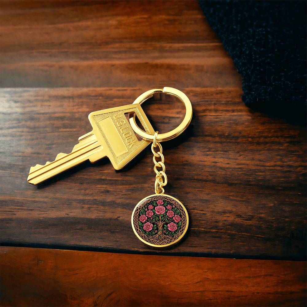 Celtic Tree of Life Pendant Keychain - Rose June Birth Flower Jewelry