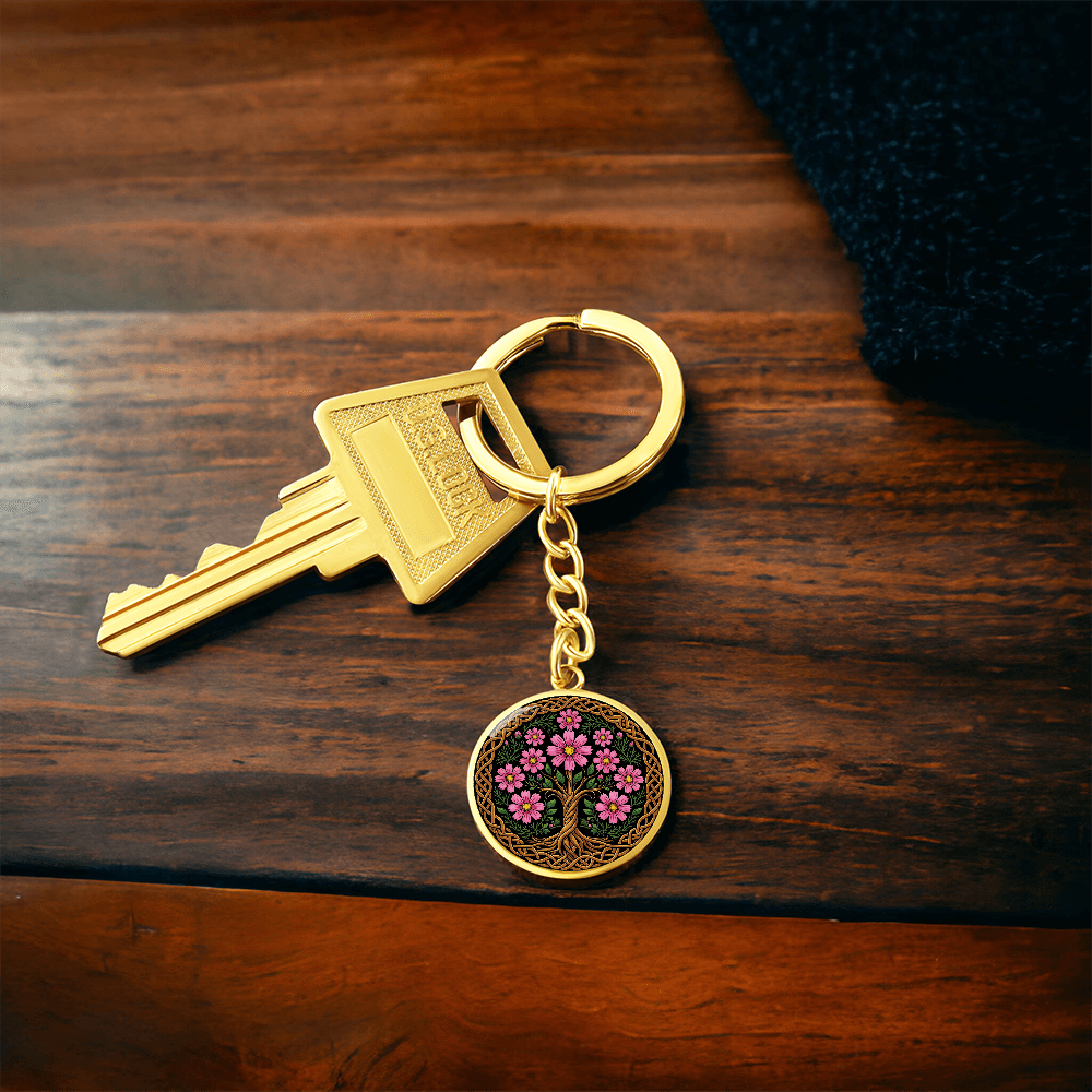 Celtic Tree of Life Pendant Keychain - Cosmos October Birth Flower Jewelry