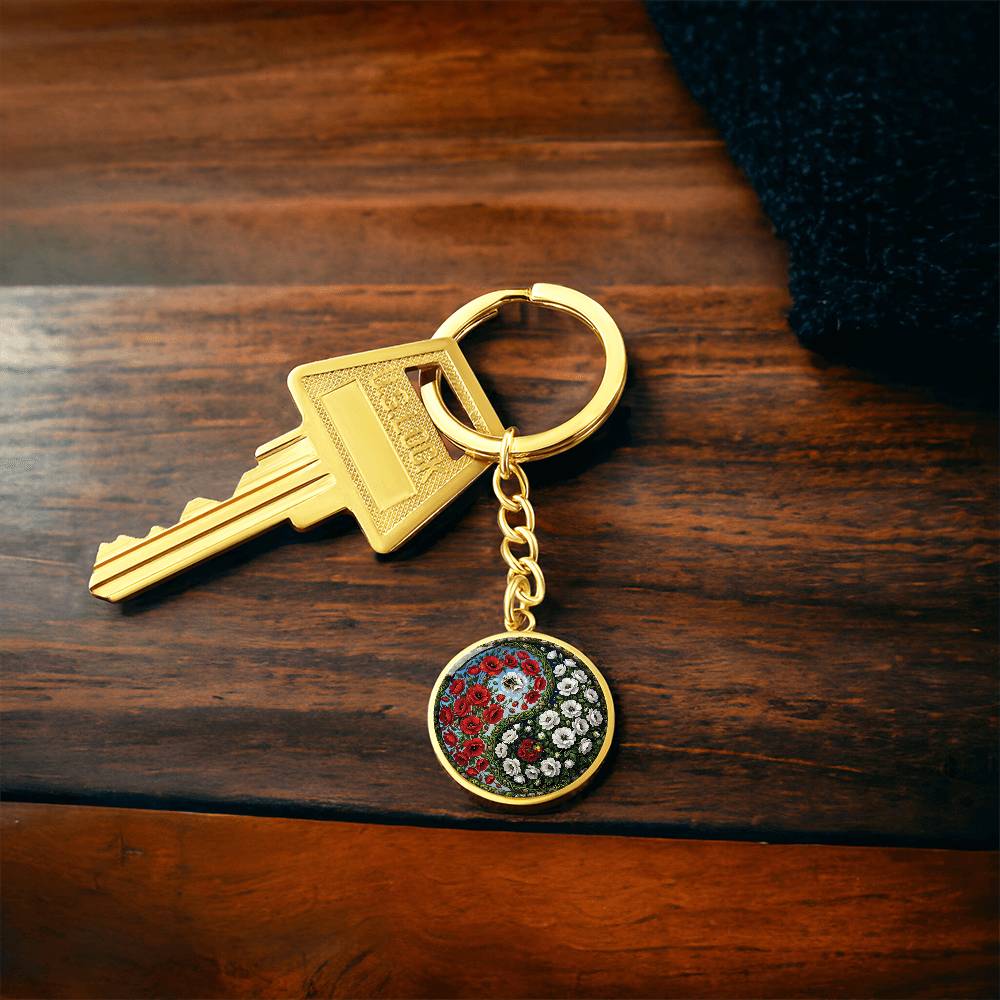 Poppy Yin Yang Keychain - August Birth Month Flower Pendant Jewelry