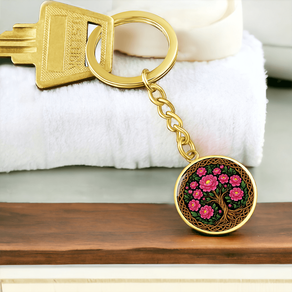 Celtic Tree of Life Pendant Keychain - Peony November Birth Flower Jewelry