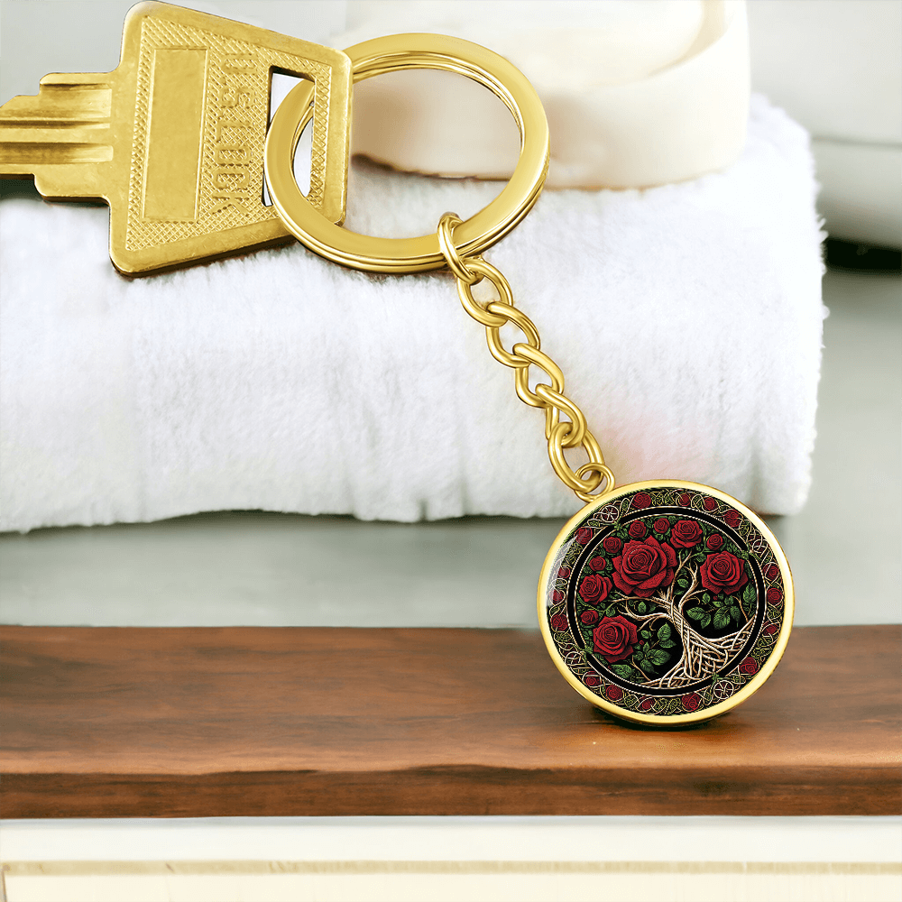 Celtic Tree of Life Pendant Keychain - Rose June Birth Flower Jewelry