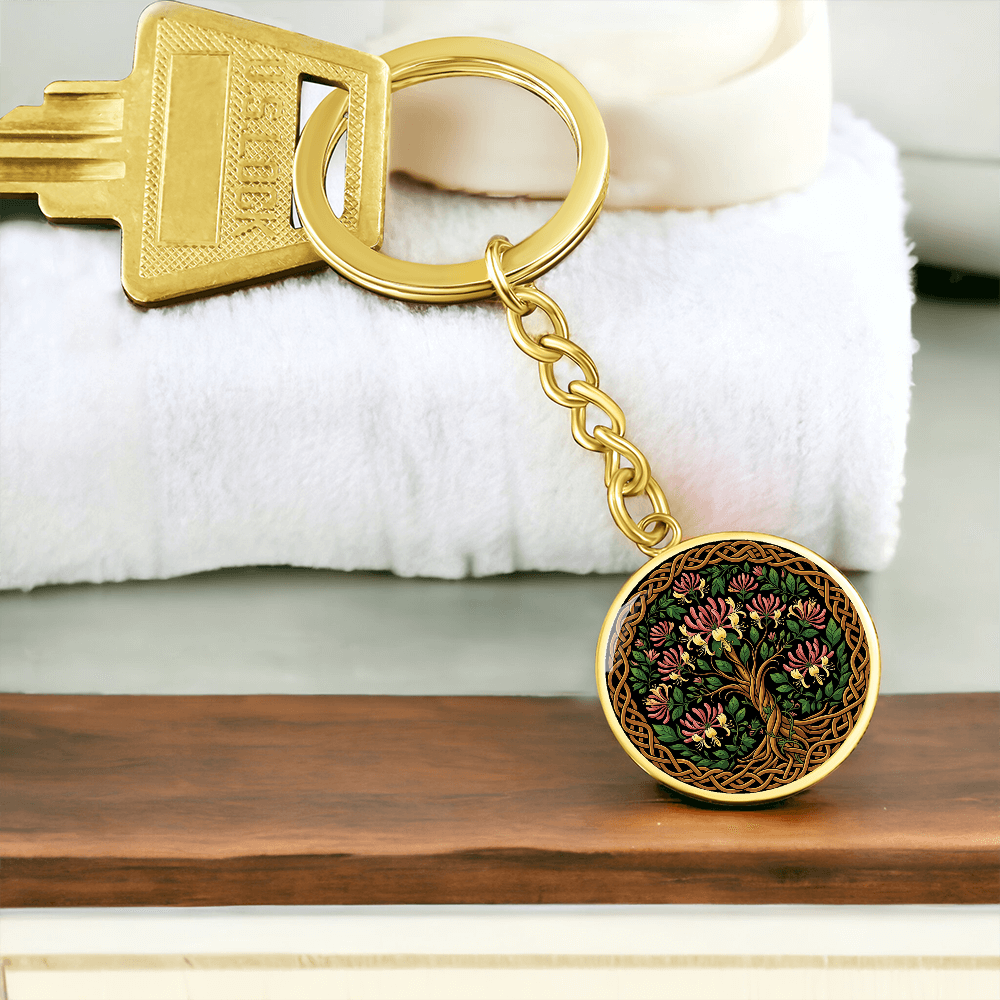 Celtic Tree of Life Pendant Keychain - Honeysuckle June Birth Flower Jewelry