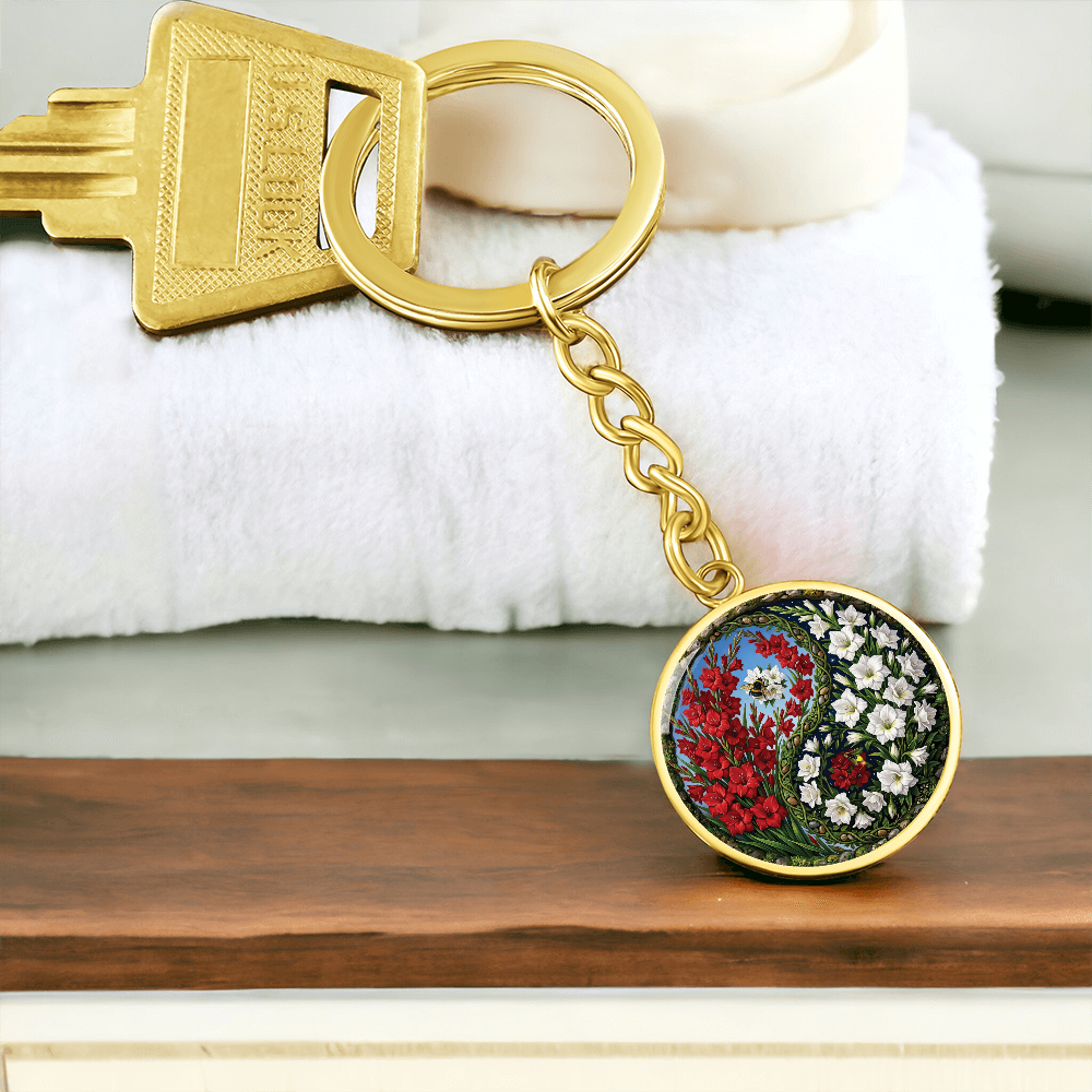 Gladiolus Yin Yang Keychain - August Birth Month Flower Pendant Jewelry