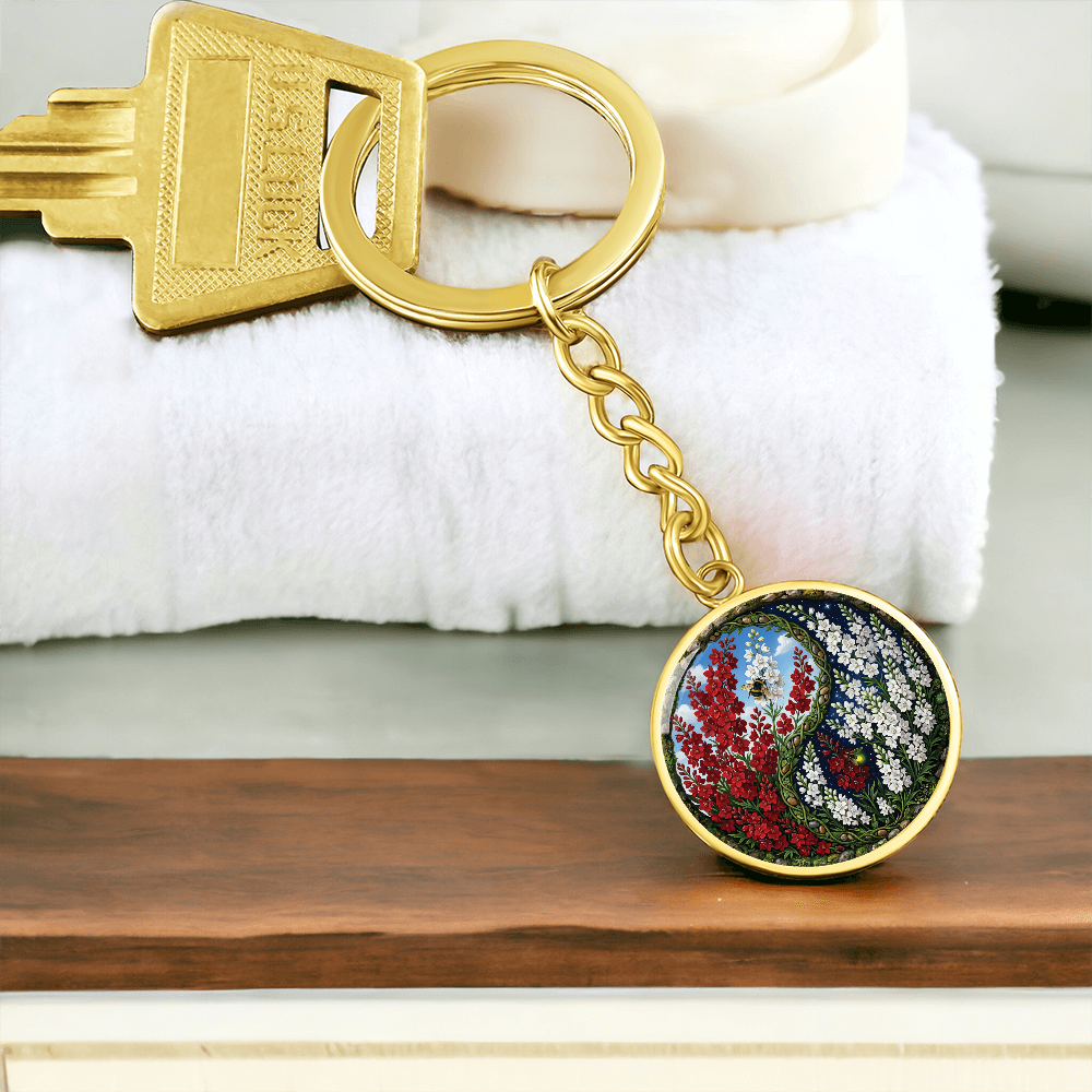 Larkspur Yin Yang Keychain - July Birth Month Flower Pendant Jewelry
