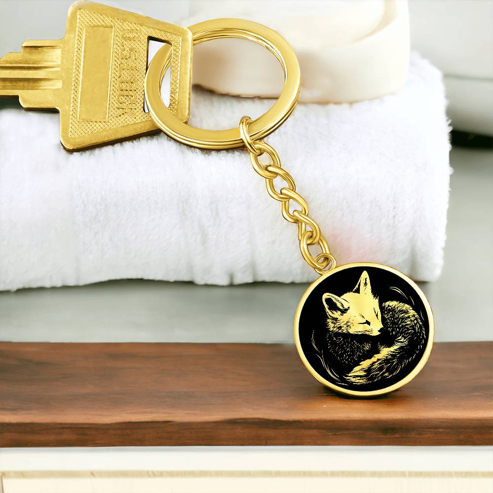 an Elegant Gold pendant featuring a Personalized Fox Keychain, With a gold Fox Set against a black background. This jewelry offers Customization with an engraving option for a name.